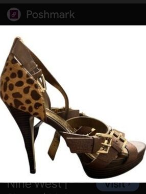 Nine West Brown Leopard-Accent Strappy High Heels✨